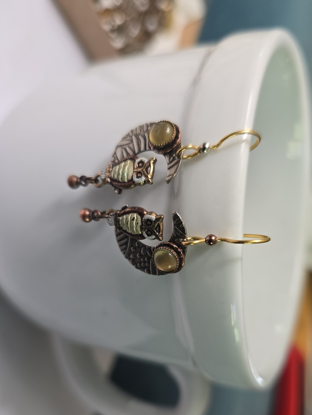 Silver Forest Owl  On Metal Drop Earrings in Antique Copper and Cream